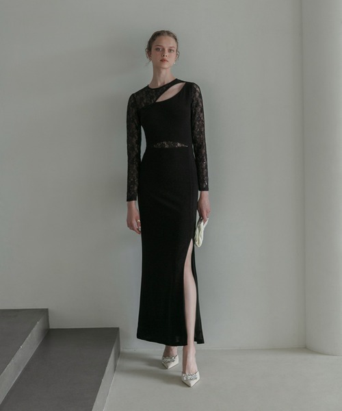 ドレス 「LEJA LUXE」アシンメトリーレーススリムフィットIラインドレスワンピース美脚効果結婚式 パーティードレス 成人式 二次会 同窓会 お呼