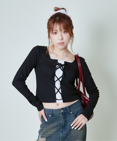 tシャツ 「レースアップ×レイヤード風レース」映えトップス レディース