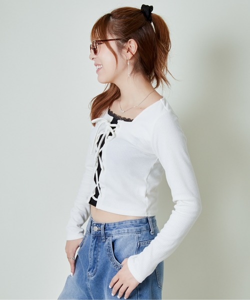 tシャツ 「レースアップ×レイヤード風レース」映えトップス レディース