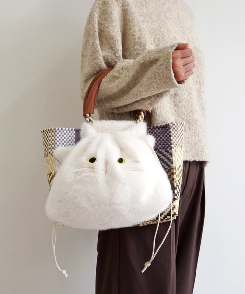 ハンドバッグ WOVEN (ウーヴン) / エコファー ねこ フェイス 2WAY BAG