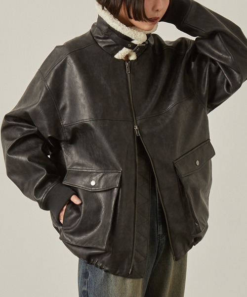 エディーバウワー　衿レザー切替　短丈ブルゾン　ヴィンテージ　ネイビー CIAOPANIC（チャオパニック） ブルゾン アウター 襟切替2WAY