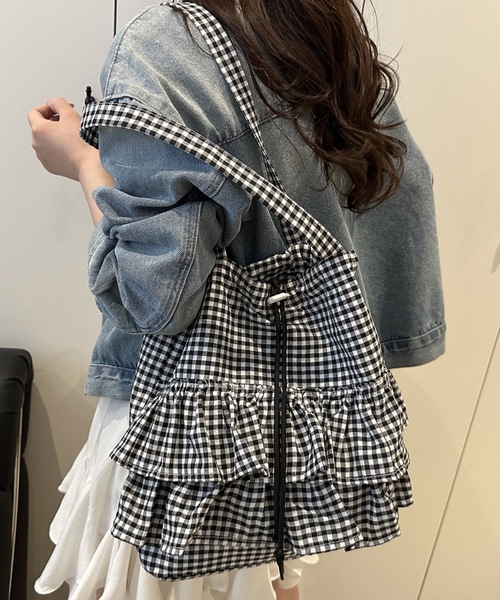 Mejoul トートバッグ 「2way」ギンガムチェックティアードフリル巾着