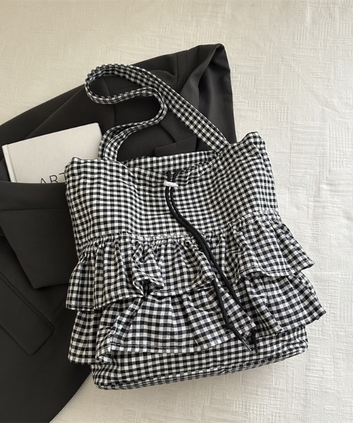 Mejoul トートバッグ 「2way」ギンガムチェックティアードフリル巾着