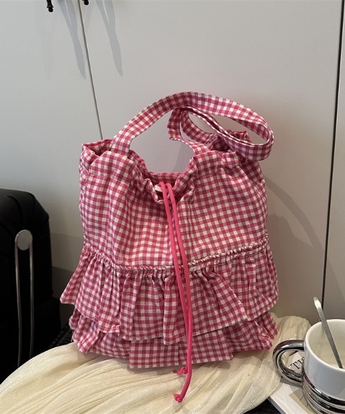 Mejoul トートバッグ 「2way」ギンガムチェックティアードフリル巾着