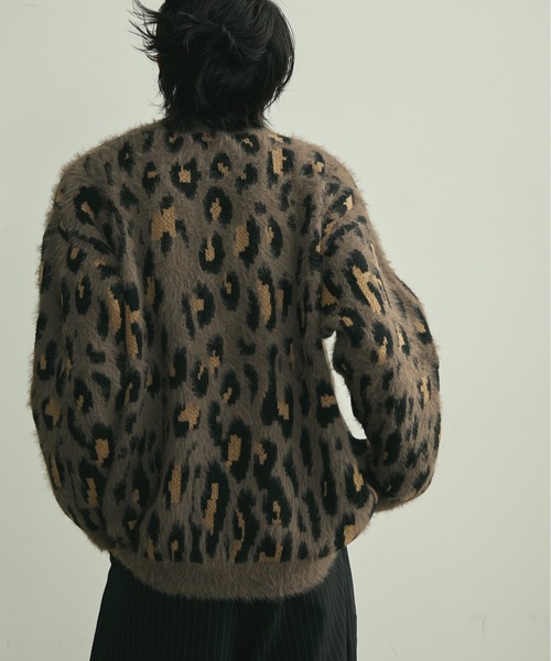 フォクシー レオパード付け襟 ニットカーディガン 38 ウール 毛皮 ブラック BLANK HOTEL カーディガン Fuzzy Leopard Crewneck Knit Cardigan