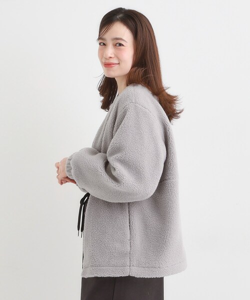 カリテ／フォーマルにも！とろみ生地 ノーカラーブルゾンジャケット グレージュ 2WAY】ストレッチフラノ ノーカラーブルゾンジャケット（01-11JI02-204