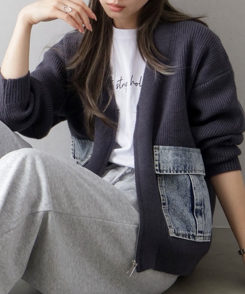 SpRay（スプレイ） カーディガン デニムポケットジップVネックニット