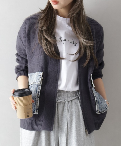 パッチ付きダークデニムカーディガン SpRay（スプレイ） カーディガン デニムポケットジップVネックニット