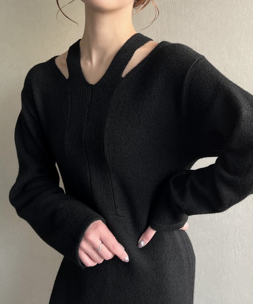 JUNOAH（ジュノア） ニットワンピース FREE カーキ レディース