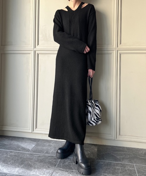 JUNOAH（ジュノア） ニットワンピース FREE カーキ レディース