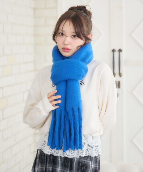 美品★キャピタル 縮絨マフラー ウール 大判ストール 青 メンズ／レディース welleg（ウェレッグ） ストール マフラー なめらかプレーン 大判