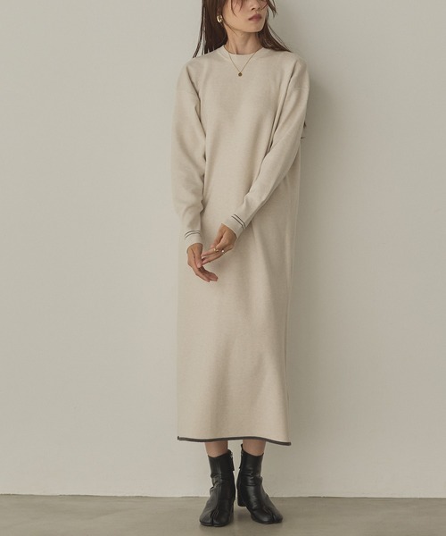 2984y美品 プラスオトハ やわもちニットライン入りワンピース 防静電気 hunch（ハンチ） ワンピース 「静電気防止」やわもちヤーン 配色ライン