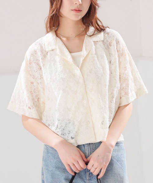 Honeys（ハニーズ） ブラウス シャツ 夏 半袖 レースシャツ レディース