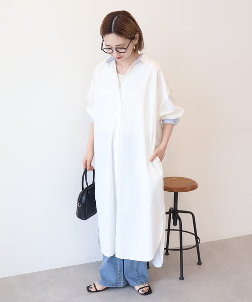 Americana ⿻ スリット ロング シャツワンピース ロゴ 白 ルーズ Americana ⿻ スリット ロング シャツワンピース ロゴ 白 ルーズ