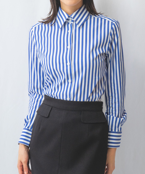【美品】 NARACAMICIE 長袖ブラウス 1 紺×赤 ストライプ ロゴ ナラカミーチェ】ストライプ 長袖シャツ ブラウス ハリ 赤 ◎極美品 S