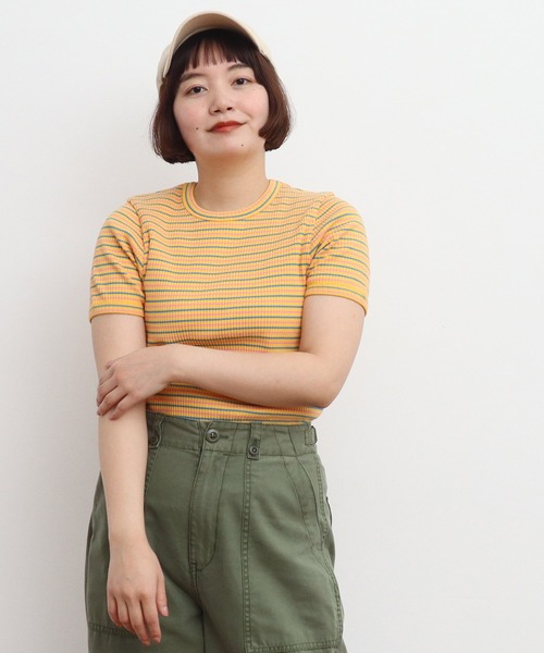 tシャツ ミジンボーダー袖口リブTシャツ レディース リンク】ミジンボーダー袖リブワイドロンT（Tシャツ） | and D