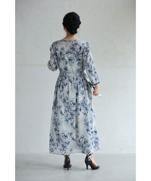 cawaii ワンピース 絞れるウエストの涼やかな笹の葉ロング