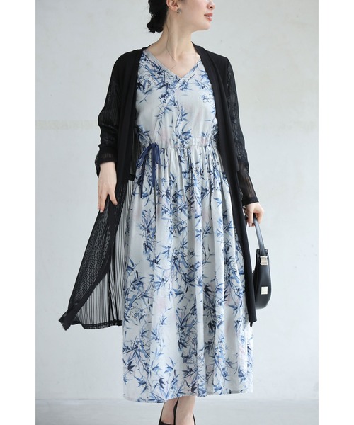 cawaii ワンピース 絞れるウエストの涼やかな笹の葉ロング