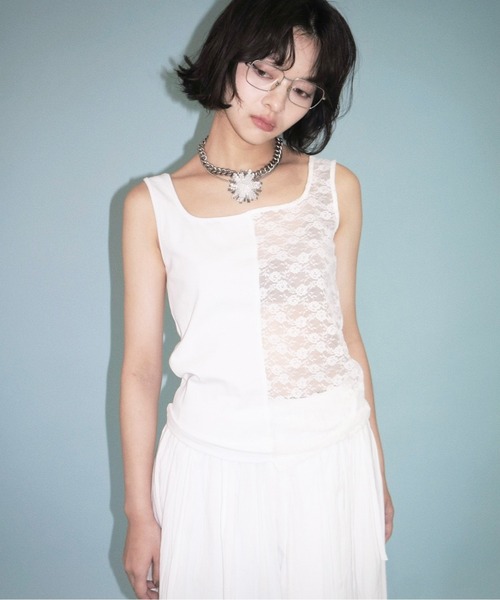 musubore タンクトップ ノースリーブ half lace tank tops