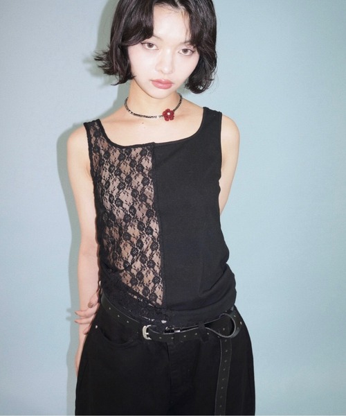 musubore タンクトップ ノースリーブ half lace tank tops