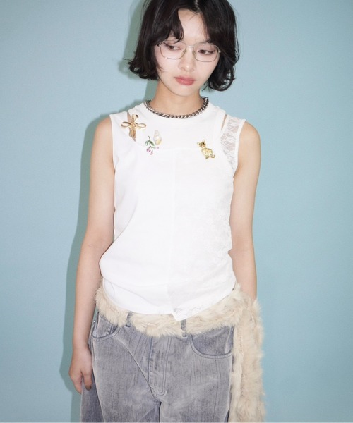 musubore タンクトップ ノースリーブ half lace tank tops