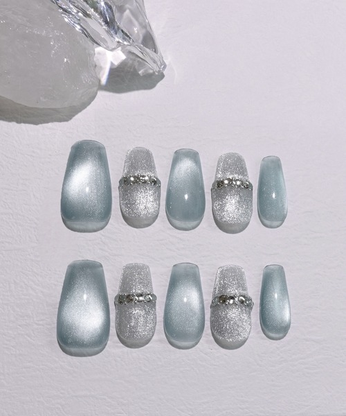 Anail ネイルチップ ネイルシール 3D水光ネイルストーンシルバーブルー