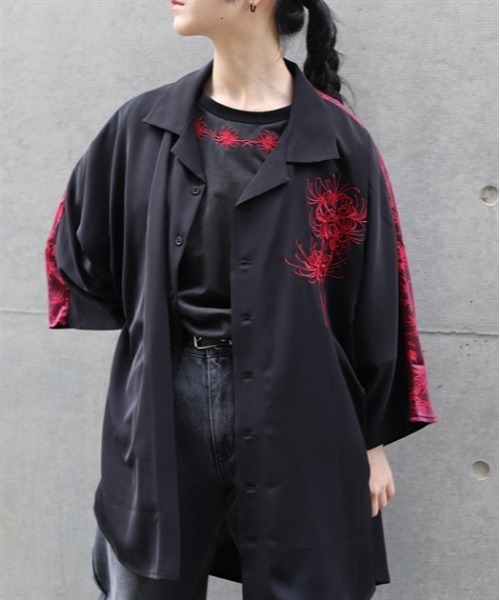 REZEN 彼岸花刺繍半袖シャツ　彼岸花レイヤード袴パンツ　真紅　上下セット 明日発売 彼岸花刺繍半袖シャツ ¥10,450 彼岸花レイヤード袴パンツ