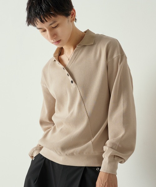 Adoon plain ポロシャツ Decorative button Thermal skipper Polo