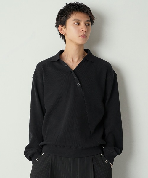 Adoon plain ポロシャツ Decorative button Thermal skipper Polo
