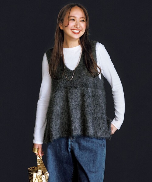 ebure アルパカシャギージレ　ベスト　ジレ UNFILO（アンフィーロ） ベスト ジレ アルパカシャギー ペプラムジレ
