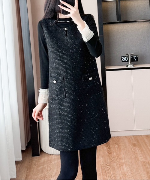 新品✨Super Beauty ツイード ジャンバースカート ワンピース 42 ジャンパースカート スキッパーネックノースリーブツイードミニ