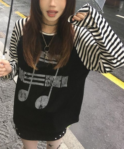ボーダーズ×DANSKINコラボ FLARE SLEEVE TEE Lis ardent tシャツ ボーダー袖グラフィック薄手ロンT／オーバーサイズ