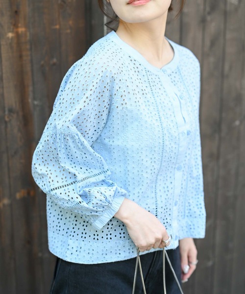美品　ヌキテパ　刺繍 コットン ブラウス 水色 スキッパー　インド綿 ＆HALF ブラウス シャツ インド綿コクーンカットワーク刺繍ブラウス