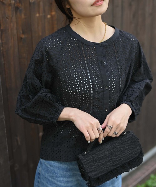 ＆HALF ブラウス シャツ インド綿コクーンカットワーク刺繍ブラウス