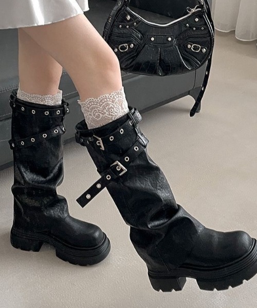 レディース ロングブーツ ブラック バックルベルト AVYL ロング ブーツ ベルトカバー厚底ルーズロングブーツ レディース