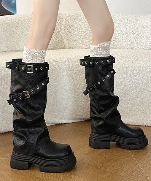 AVYL ロング ブーツ ベルトカバー厚底ルーズロングブーツ レディース