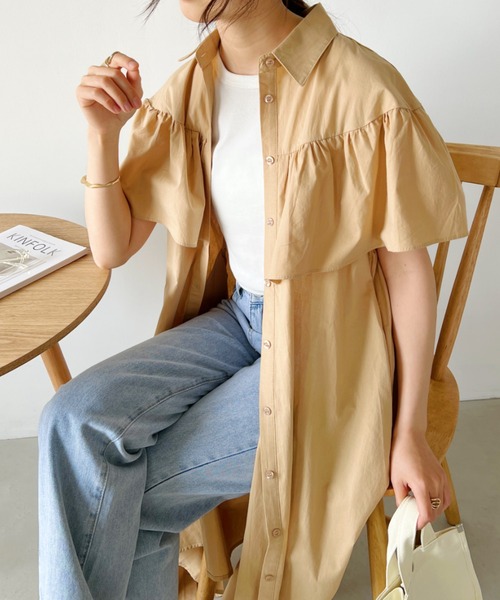 ARCELLA コットン シャツワンピース CLEA ワンピース ケープデザイン コットン ロングシャツ