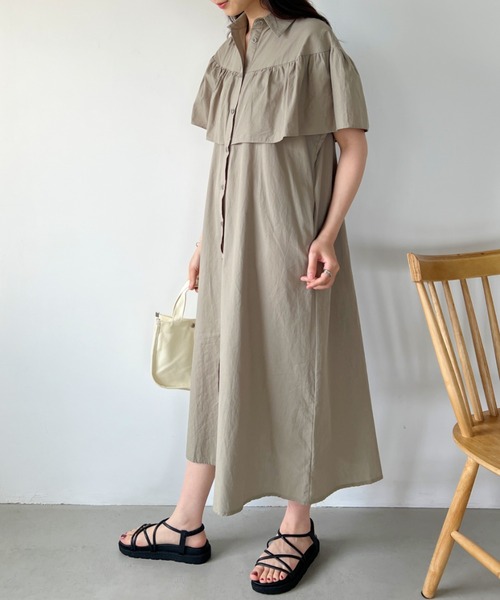 良品　Cafune カフネ　デザインロングシャツ　ワンピース　良デザイン cafune カフネ ロングワンピース ダンガリーギャザーネック 7分