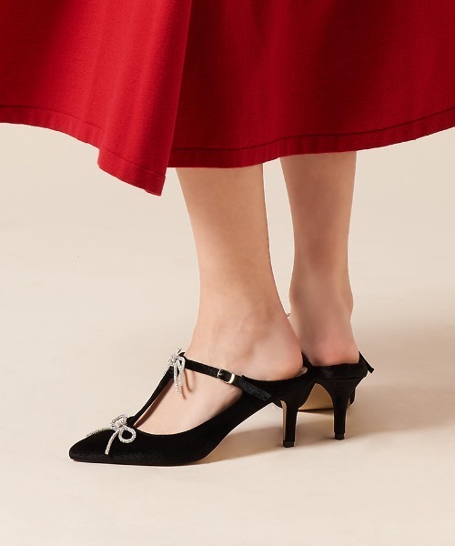 シューズ グリッターリボン付Tストラップミュール レディース  