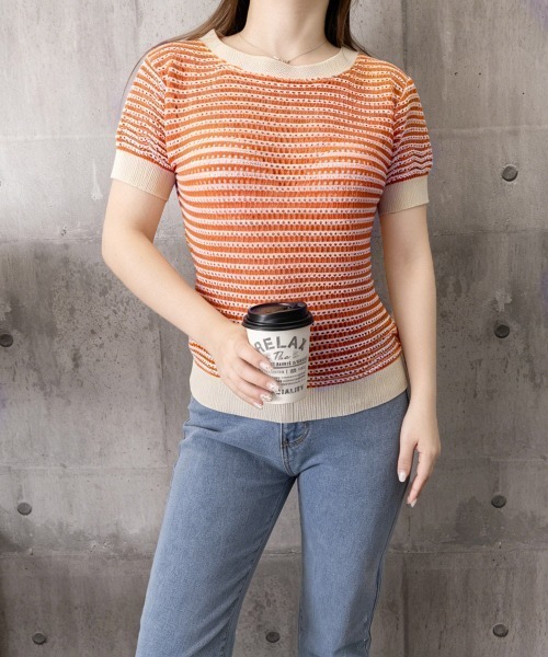 apuntob オレンジ×クリームボーダーサマーニット miniministore（ミニミニストア） サマーニット ニット セーター