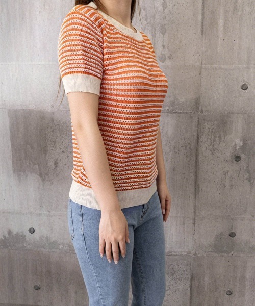 apuntob オレンジ×クリームボーダーサマーニット miniministore（ミニミニストア） サマーニット ニット セーター