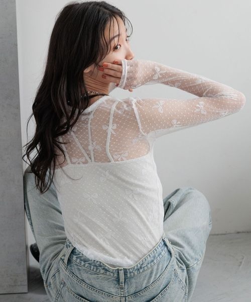 モ̆̈モ̆̈ン̆̈ガ̆̈ LOWRYS FARM（ローリーズファーム） tシャツ チュールリボンレース