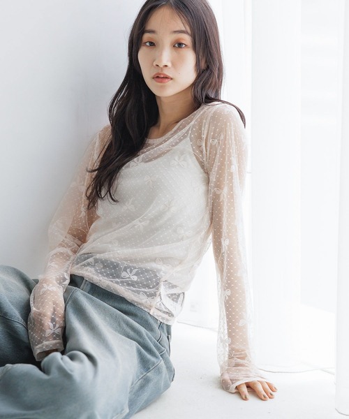 LOWRYS FARM（ローリーズファーム） tシャツ チュールリボンレース