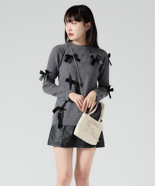 リボンデザイン ハンドバッグ チャコール Chick ハンドバッグ ribbon hand Bag / リボンデザイン