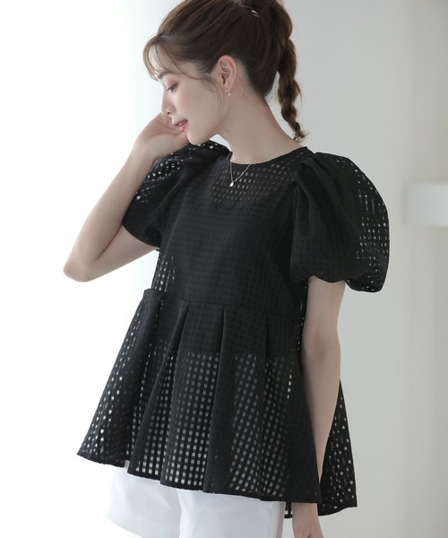 MERAKI ブラウス シャツ 半袖 シアーギンガムトップス レディース