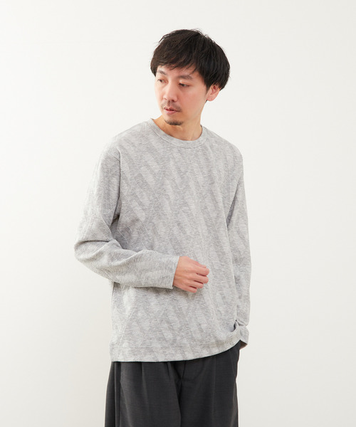 【グレー】バイアスジャガードクルーネックロングスリーブTシャツ MEN'S MELROSE tシャツ バイアスジャガードクルーネックロングスリーブ