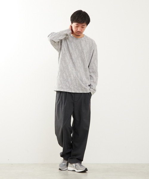 【グレー】バイアスジャガードクルーネックロングスリーブTシャツ MEN'S MELROSE tシャツ バイアスジャガードクルーネックロングスリーブ