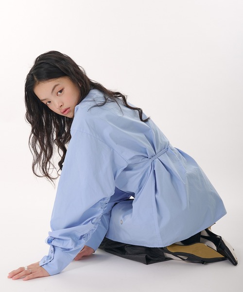 R&D.M.Co- 裏起毛 ボーダー バックボタン ギャザースリーブ シャツ R