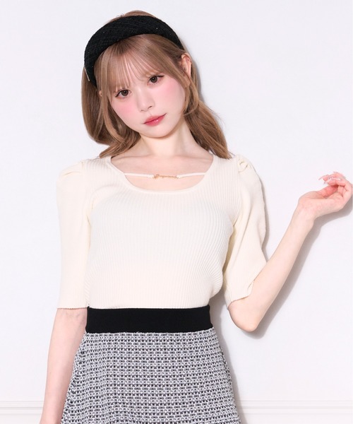 ニット セーター ロゴビジューニットトップ レディース apres jour ニット セーター フロントビジューニットトップス