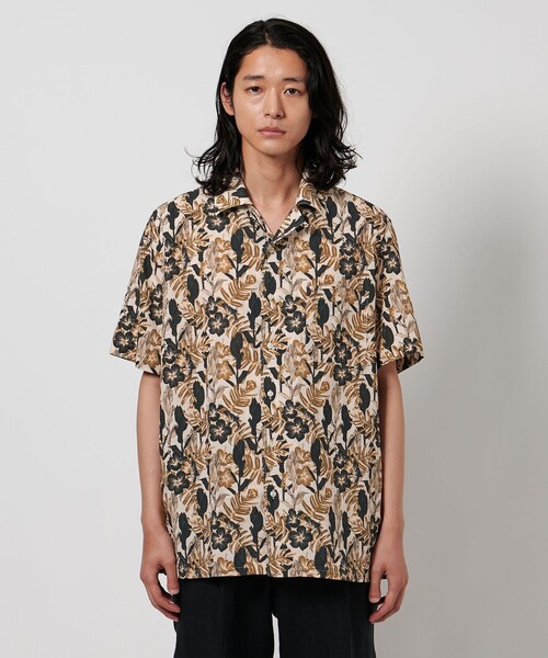 メンズ リーフ柄シャツ ドロップショルダー フルプリント T01474 オリジナルボタニカルプリント開襟シャツ｜メンズファッション